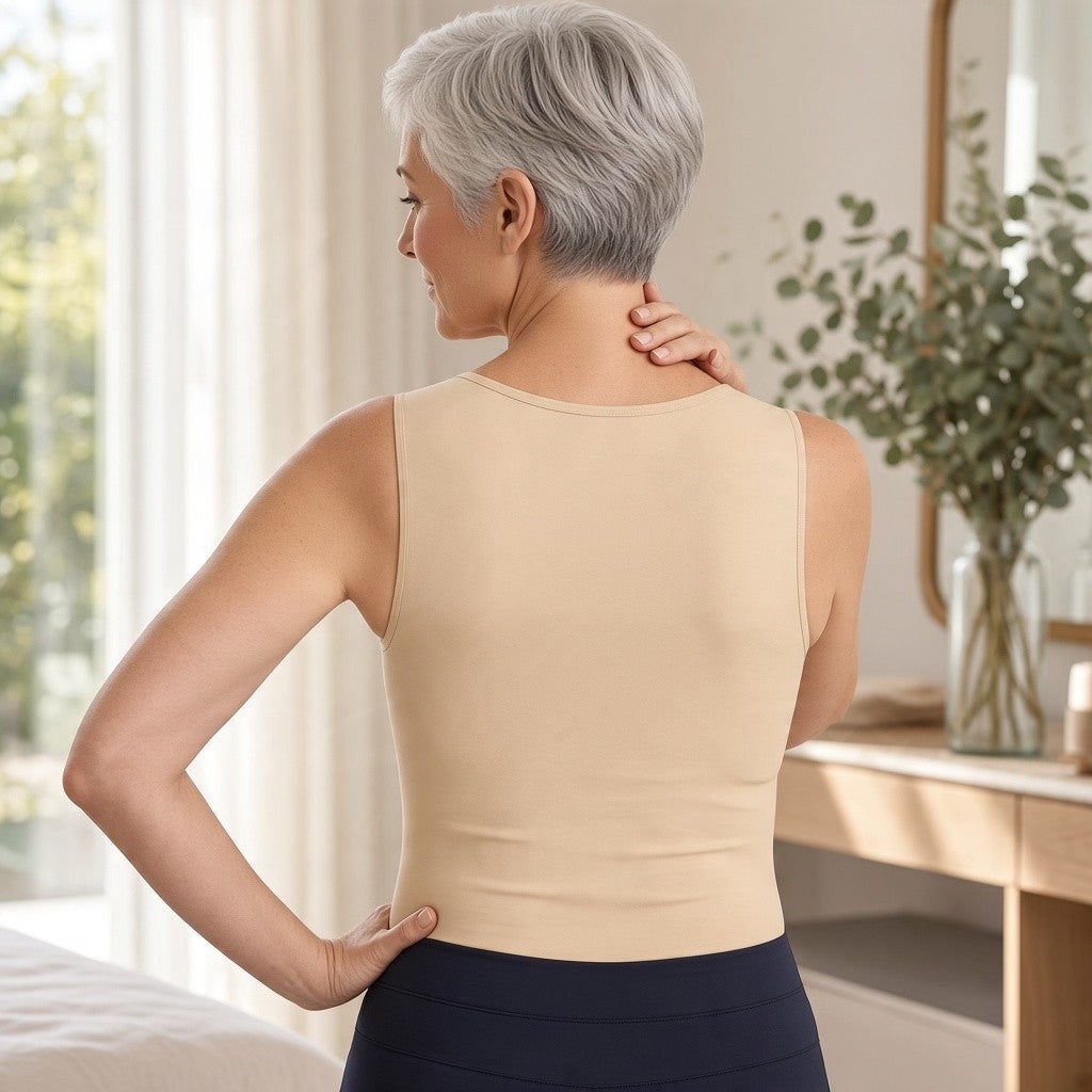 Femme aux cheveux gris vue de dos, en débardeur Vibra beige