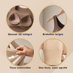 Les 4 détails du débardeur Vibra : bonnet 3D intégré, bretelles larges, tissu extensible, dos lisse sans agrafe